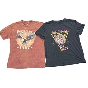 Lot of 2 Women's‎ Graphic Band Tees M – Def Leppard & World Tour Neon Rock Metal